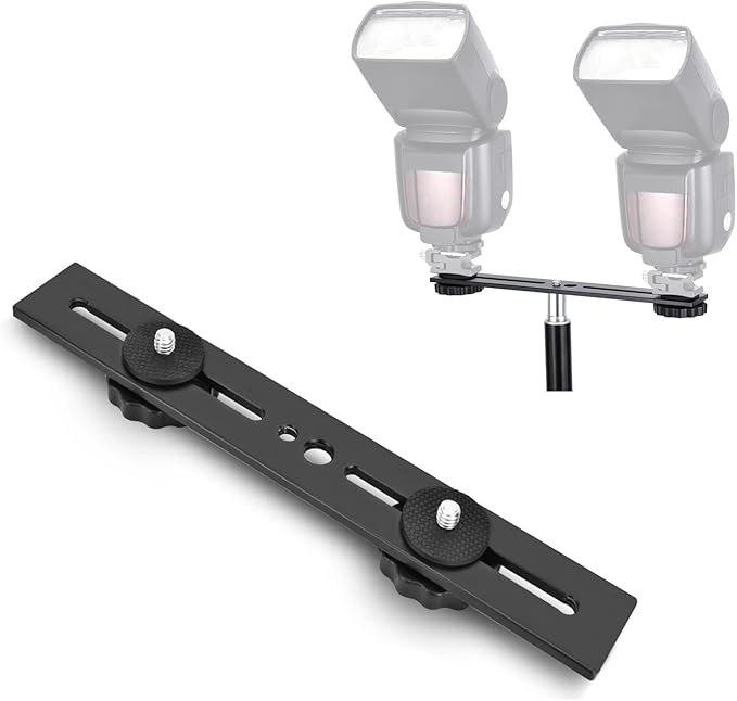 KAGYOKU Dual Flash Bracket 8in/20.3cm Camera Mount Tripod Bracket with 1/4 Screw Hot Shoe Flash Light Bracket for LED Light Microphone 3D Stereo Stereoscopic Photography