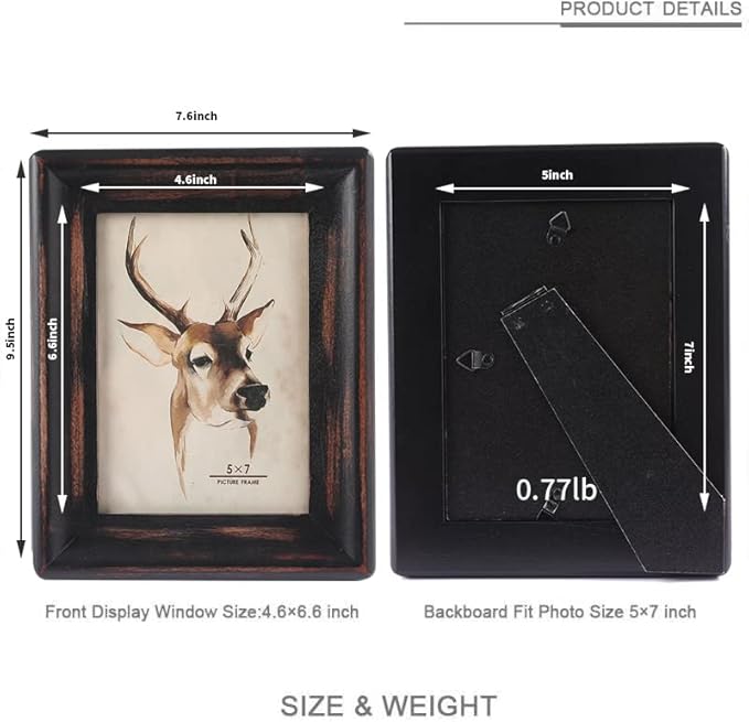 Rustic Picture Frame 5x7,Table Top or Wall Hanging Photo Frames with Glass Front 7 by 5（Black）