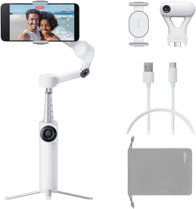 Insta360 Flow 2 Plus AI Tracker Bundle White - Foldable Phone Gimbal, AI Tracking with Any App, Multi-Person Tracking, Built-in Tripod/Selfie Stick, Remote Control, Smartphone Stabilizer, Travel