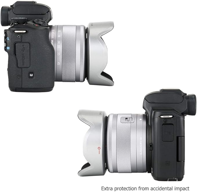 JJC Camera Lens Hood Shade for Canon EF-M 15-45mm f/3.5-6.3 is STM & RF-S 18-45mm f/4.5-6.3 is STM Lens on Canon EOS R100 R50 M50 M50 Mark II M5 M6 Mark II M200 M100 Replaces Canon EW-53 Hood-Sliver