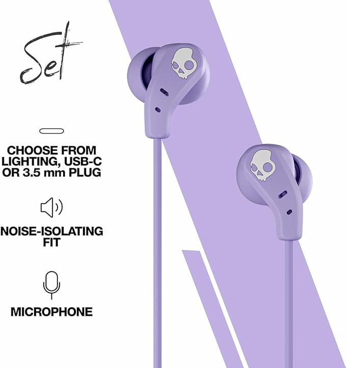 Skullcandy Set USB-C Wired Earbuds with Noise Isolating Fit, Built-in Microphone Call and Track Control for iPhone Android, Ear Gels Included for Custom Fit - Preppy Purple