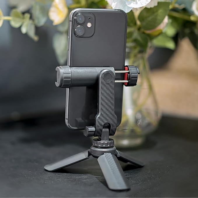 Dual Cold Shoe Phone Mount Holder — Universal Adjustable Smartphone Clamp with Dual Cold Shoe Mounts for Microphone & LED Light, 360° Rotating Ball Head, 1/4"-20 Tripod Screw Compatible
