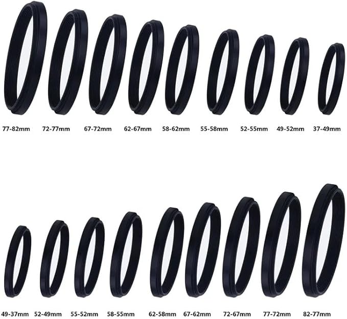 Camera Lens Filter Adapter Ring Kit, Step Up and Step Down, 37mm-82mm, Aluminum Alloy, 9 Piece Set, Black (9PCS Down 82 to 37)