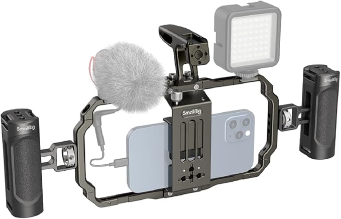 US Stock Universal Mobile Phone Handheld Video Rig kit with Two Side Handles and a top Handle for Mobile Filmmaking, vlogging,Features Two Cold Shoe mounts and Multiple 1/4 Threaded Holes