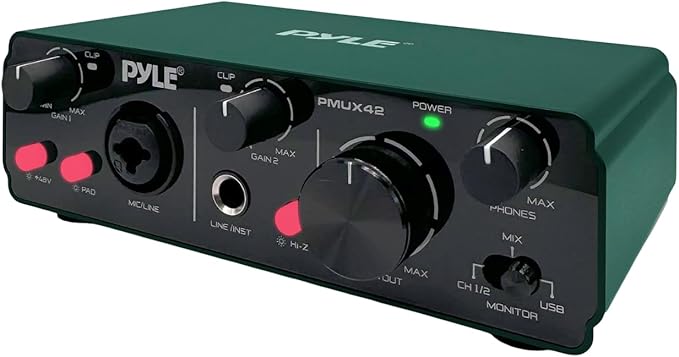 Pyle USB Audio Interface for Recording Music, Podcasting, and Streaming – 2-IN/2-OUT, 24bit/192kHz, Low-Noise, High-Fidelity Studio Quality, USB Powered, Rugged Metal Chassis, 5.9" x 4" x 1.8"