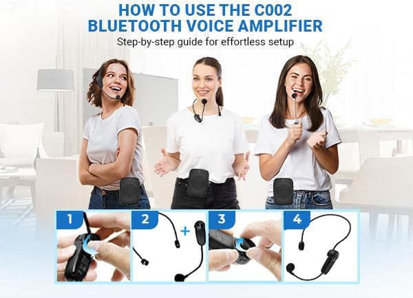 Wireless Voice Amplifier with Headset Microphone,Personal Wireless Bluetooth Amplifier with Mic,Teachers Microphone Wireless,Mini Megaphone Speaker,Portable PA System for Classroom C002