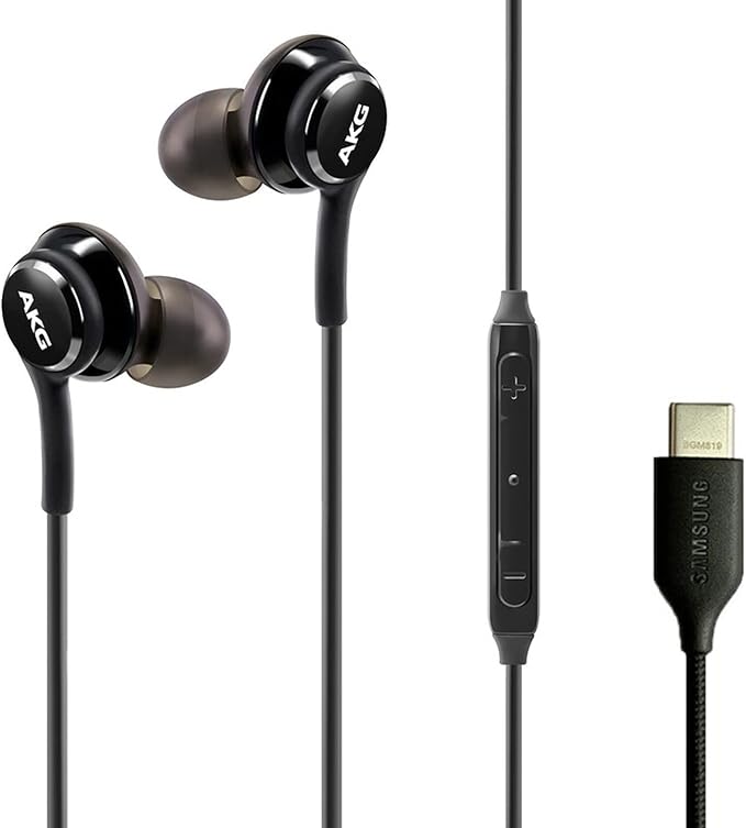 Type C Headphone Earbuds for Samsung Galaxy A53, S21, S22, S22 Ultra, S20 FE - Designed by AKG - Braided Cable with Microphone and Volume Remote USB-C Connector - Black