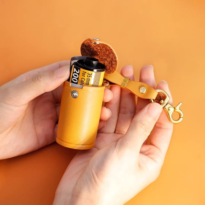 ZVZKC Leather 35mm Film Case Keychain, 35mm Film Holder Film Canisters with Caps for Film Photography & Gifts, H 1.96inch / 5cm (Yellow)