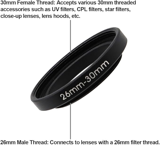 26mm to 30mm Step-Up Adapter Ring, Metal Filter Thread Converter for ND/UV/CPL Lens Filters, Camera Accessories