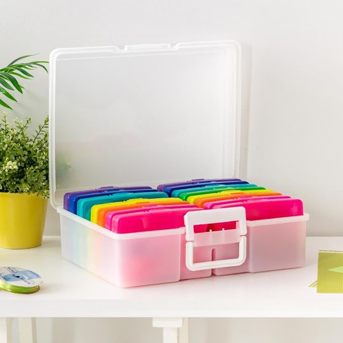 IRIS USA 4" x 6" Photo Storage Box Craft Keeper, 2-Pack, Transparent Handle Container with 16 Organization Holder Cases for Pictures, Tasks, Ephemera, Scrapbooking, Stationery, Multi-Color/Clear