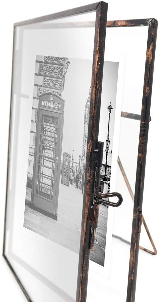Isaac Jacobs 4x6, Antique Bronze, Vintage Style Brass and Glass, Metal Floating Picture Frame (Vertical) with Locket Closure, for Photos, Art, & More, Tabletop Display (4x6 Antique Bronze)