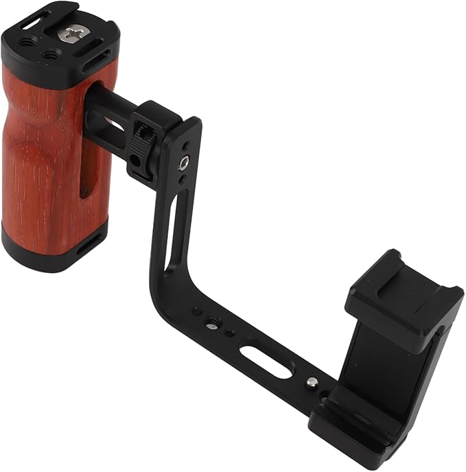 Phone Camera Rig Hand Grip, Wooden Handle with Adjustable L Plate, Cold Shoe Mounts, for, for iOS Smartphones