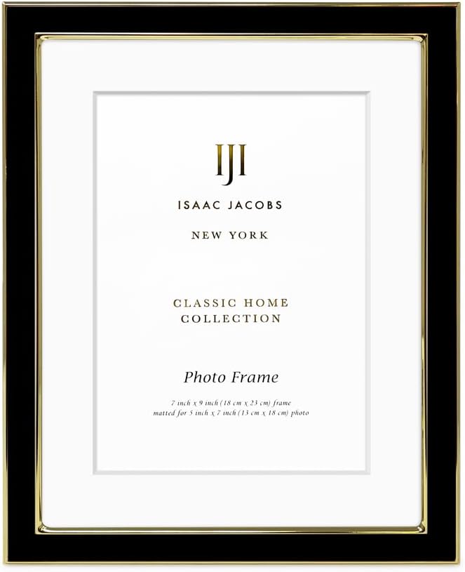 Isaac Jacobs 7x9 (Matted 5x7) Black Enamel Picture Frame with Gold Metal Edge and Easel, Tabletop Display, Wall Décor, Photo Gallery, (7x9 (Matted 5x7), Black with Gold)