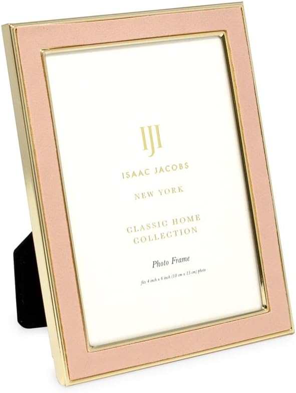 Isaac Jacobs 4x6 Pink Leather with Gold Metal (Vertical & Horizontal) Picture Frame, Suede Border w/Black Fabric Easel, Wall-Mountable, Made For Tabletop, Photo Gallery (4x6, Pink W/Gold)