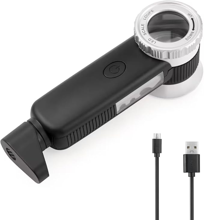 Amoper 30X Jewelry Loupe with 7 Light, USB Rechargeable Foldable Handheld Magnifying Glass with Jade Appraisal Flashlight for Jewelry Appraisal, Coins, Gemstones