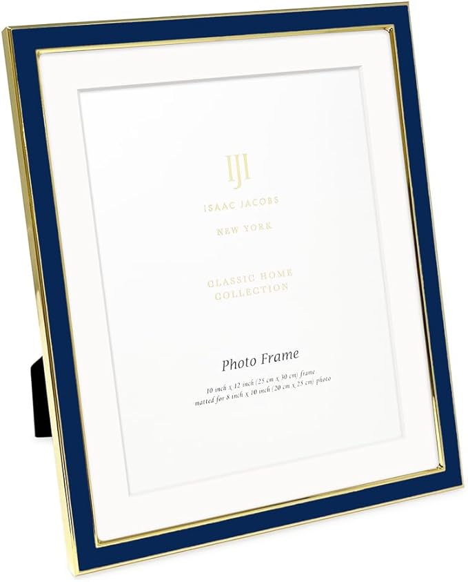 Isaac Jacobs 10x12 (Matted 8x10) Navy Enamel Picture Frame with Gold Metal Edge and Easel, Tabletop Display, Wall Décor, Photo Gallery, (10x12 (Matted 8x10), Navy with Gold)