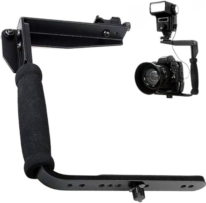 L-Shaped Handheld Camera Flashlight Bracket, Hot Shoe Camera Cage Rig, with 1/4 Tripod Screw Handheld Stabilizer, Adjustable Arm & Roll Bar for Sony for Nikon for Canon for Fujifilm DSLR Cameras