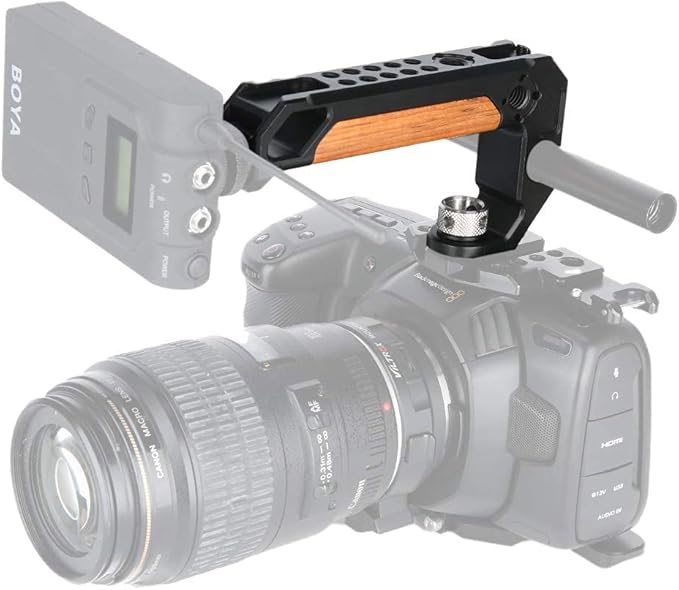 NICEYRIG Top Handle for ARRI 3/8 '' Thread with 15mm Rod Clamp, DSLR Camera Wooden Grip for Cage Rig - 348
