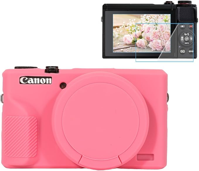 Pocoukate Case for Canon G7X Mark III Camera, Soft Silicone Protective Cover Skin with Removable Lens Cover for Powershot G7X Mark iii, Silicone Case with G7X3 Screen Protector Accessories - Rose