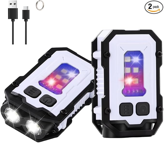 Mini EDC Flashlight, Small Powerful Keychain Flashlight with Sidelight, High Lumens 800lm, USB-C Rechargeable, keychain light with clip - 8 Mode, IPX4 Waterproof, for hiking, running, White 2Pack