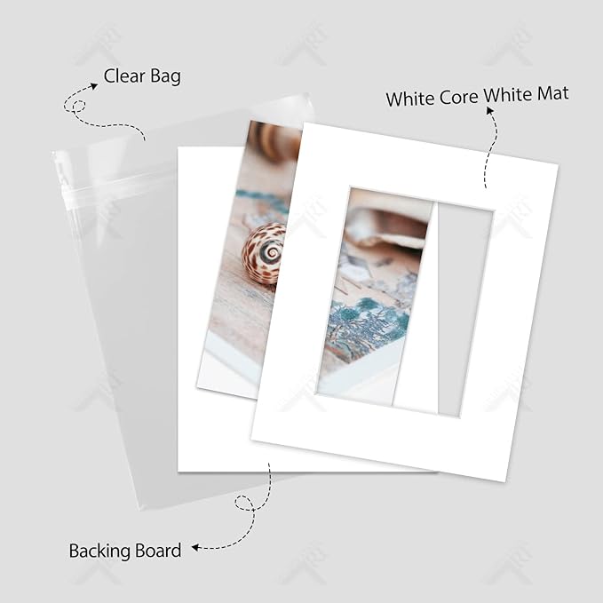 Golden State Art, Acid Free, Pack of 5, 8x10 White Picture Mats Mattes with White Core Bevel Cut for 5x7 Photo + Backing + Bags