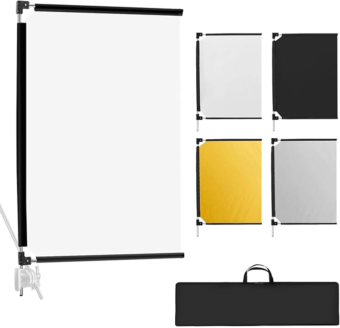 WELLMAKING 36x27 Light Reflector Flag, 5-in-1 Portable Collapsible Diffuser for Photo Video Studio Shooting-Silver, Gold, White and Black, Foldable Scrim Flag Kit, Shaper for Diffused & Light Effects
