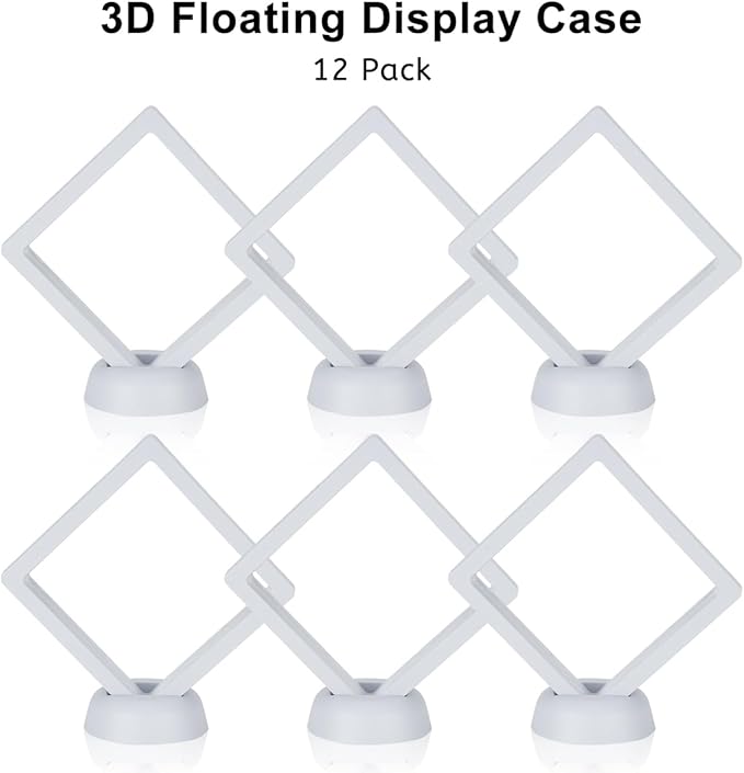 12PCS 3D Floating Frame Case with Stands, Challenge Coin Display Stand Holder, Gift Packing Frame Showcase for Earrings, Jewelry, Medallions, Specimens, 3.54x3.54 Inch (White)