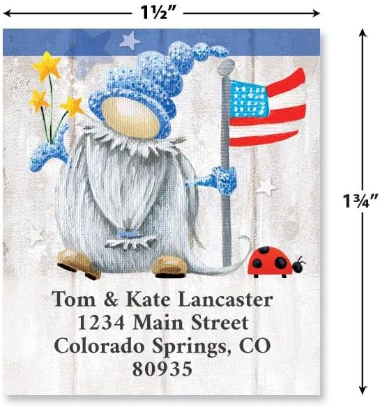 Colorful Images Patriotic Gnome Return Address Mailing Labels, Personalized in The USA with Names & Addresses, Set of 144 Self Adhesive, Easy Peel Flat Label Sheets, 1½” x 1¾”, 1 Design
