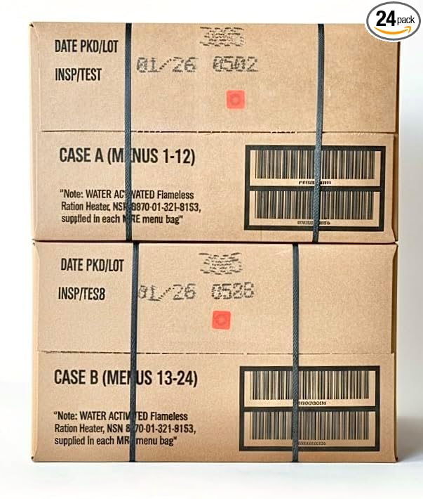2026 MRE 24 Meals Ready to Eat A and B Cases Genuine Military Emergency Long Shelf Life Variety Pack for Camping, Outdoors & Prepping