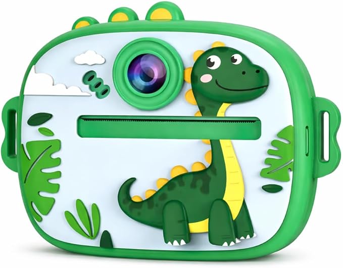 Kids Instant Print Camera, Cute Dinosaur Theme No-Ink Thermal Printing Digital Camera Toy, Rechargeable Portable Camera for Girls & Boys Ages 3–12, DIY Black and White Photo Prints (Green)