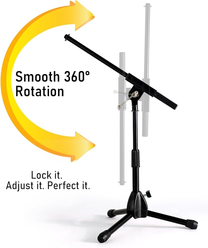 Stage Rocker Foldable Tripod Low-Profile Mic Boom Stand, 2 Pack - Height Extending from 9.6'' to 16.9'', w/Adjustable Telescoping Arm Up to 9'', Lightweight, Black, Powered by Hamilton(SR610121B-2PK)