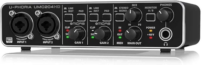 Behringer UMC204HD Audiophile 2x4, 24-Bit/192 kHz USB Audio/MIDI Interface with Midas Mic Preamplifiers | For Recording Microphones and Instruments