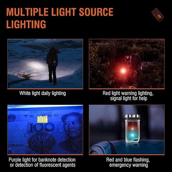 Vortex V3 EDC Flashlight with Red UV Blue Light Emergency Signals Fluorescent Powerful 900lm Rechargeable Mini Pocket LED Keychain Flashlight 10 Modes USB-Type C IP65 Waterproof Magnetic end
