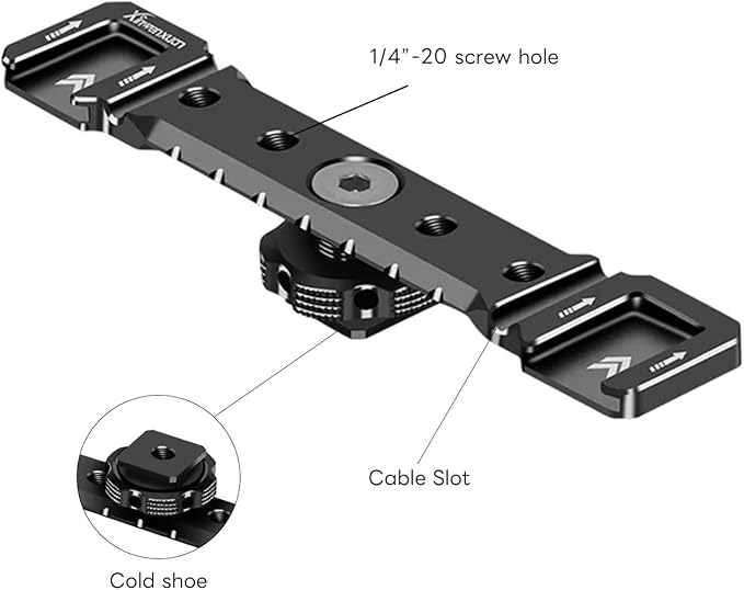DF DIGITALFOTO Dual Cold Shoe Mount Bracket, Dual Cold Shoe Extension with 1/4"" Thread Holes Cable Slot for Flash LED Video Light Microphone, Black, DF-8210