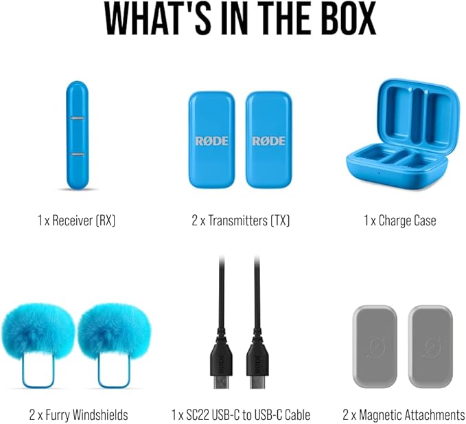 RØDE Wireless Micro - Compact Wireless Microphone, Two Mics with Charge Case for Smartphone Content Creation - USB-C, Blue