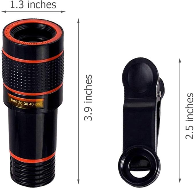 12x Optical Zoom HD Cell Phone Camera Lens, Telephoto Clip-On Lens for Single Lens Phone, Compatible with iOS X/8/7/6s/6 Plus Android Tablet, Used as Monocular Rubber Eyecup Carry Bag