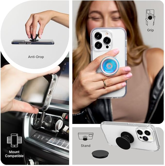 PopSockets Phone Grip Slide for Phones and Cases, Sliding Phone Grip with Expanding Kickstand - Clear on White