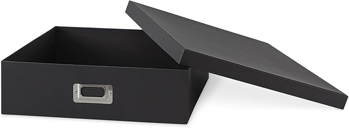 Soul & Lane Photo Storage Box with Lid, 14.8 × 13.0 × 3.7 Inches, Keepsake Memory Organizer, Cardboard Storage for Photo Albums, Scrapbooks, Artwork, Stationary, Memorabilia, Craft Supply, Black