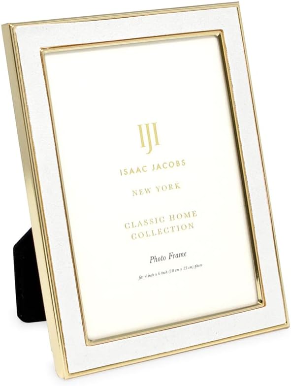 Isaac Jacobs 4x6 White Leather with Gold Metal (Vertical & Horizontal) Picture Frame, Suede Border w/Black Fabric Easel, Wall-Mountable, Made For Tabletop, Photo Gallery (4x6, White W/Gold)