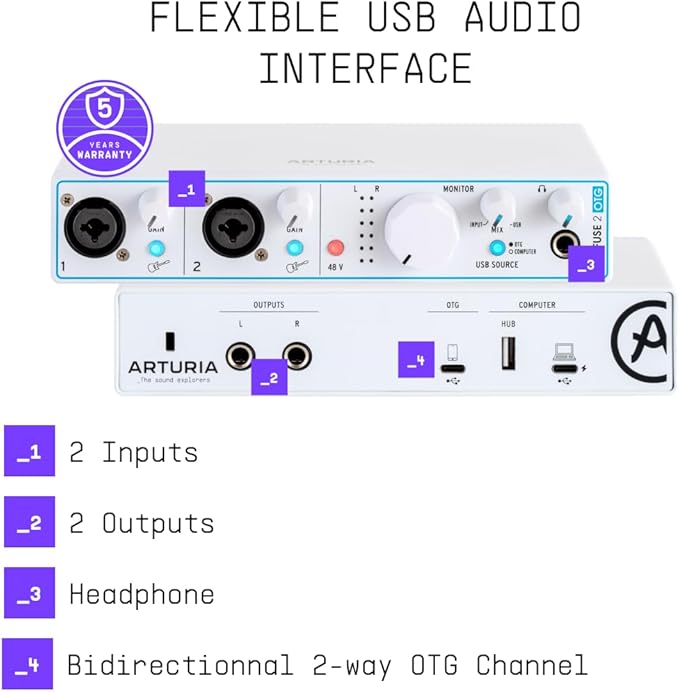 Arturia - MiniFuse 2 OTG - Audio & MIDI Interface with Creative Software for Recording, Production, Podcasting, Guitar, USBC/USBA - White