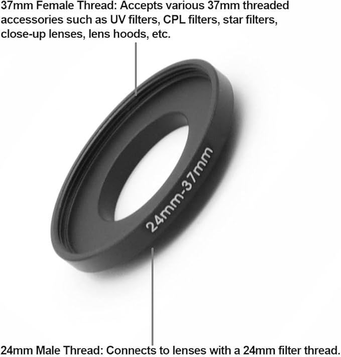 24mm to 37mm Step-Up Adapter Ring, Metal Filter Thread Converter for ND/UV/CPL Lens Filters, Camera Accessories