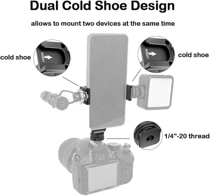 Metal Phone Tripod Mount Holder with Cold Shoe Smartphone Clamp Adapter 1/4" Thread 360° Rotates and 180° Tilt