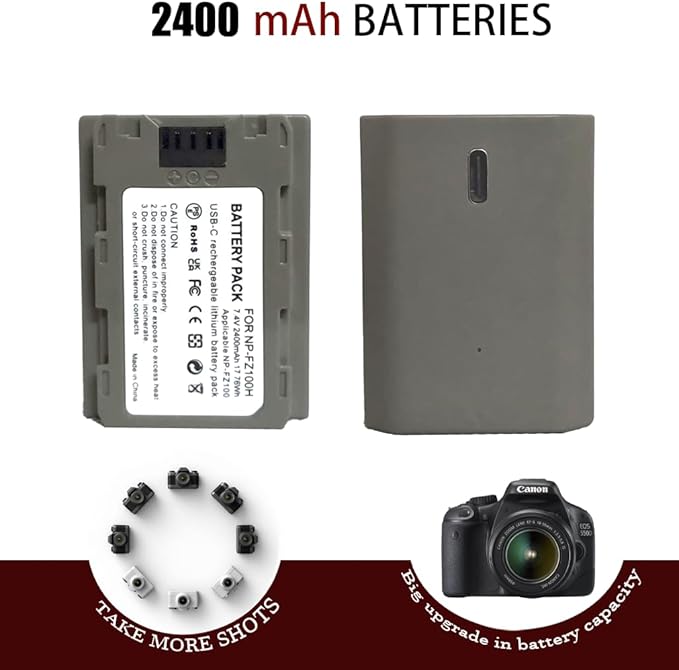 NP-FZ100 2400mAh Replacement Battery for A7R V A7S III A7 IV, USB C Charging Cable, Compatible with ZV-E1, FX3, FX30, A1, A9,A9 II, A6600, A7C