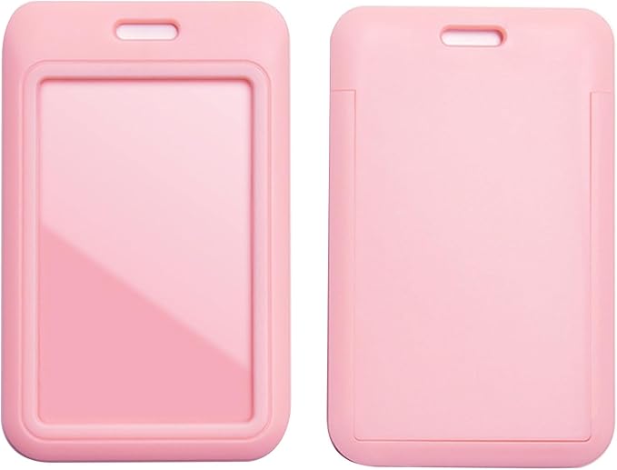 Larpur Pack of 2 Vertical ID Badge Holders Hard Plastic Card Cases with Clear ID Window for School, Office, Factory, Pink