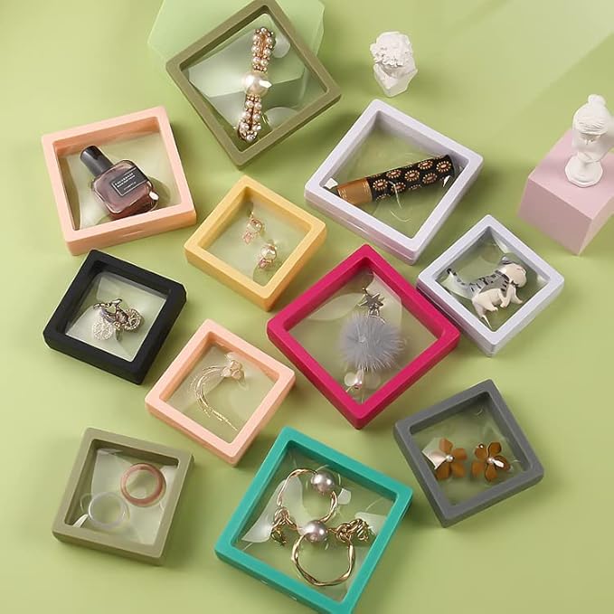 12PCS 3D Floating Frame Display Stand, Jewelry Box, Gift Box, Ornament Organizer, Small Travel Jewelry Box, PE Film Anti-Oxidation, Suspended Display Box Stackable (2.75*2.75，Type 1)