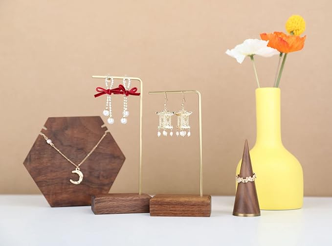 GemeShou brass earring display stands for selling, wooden ear ring holders for jewelry, single stud holder jewelry display【Walnut brass earring stand Height 5.31"】