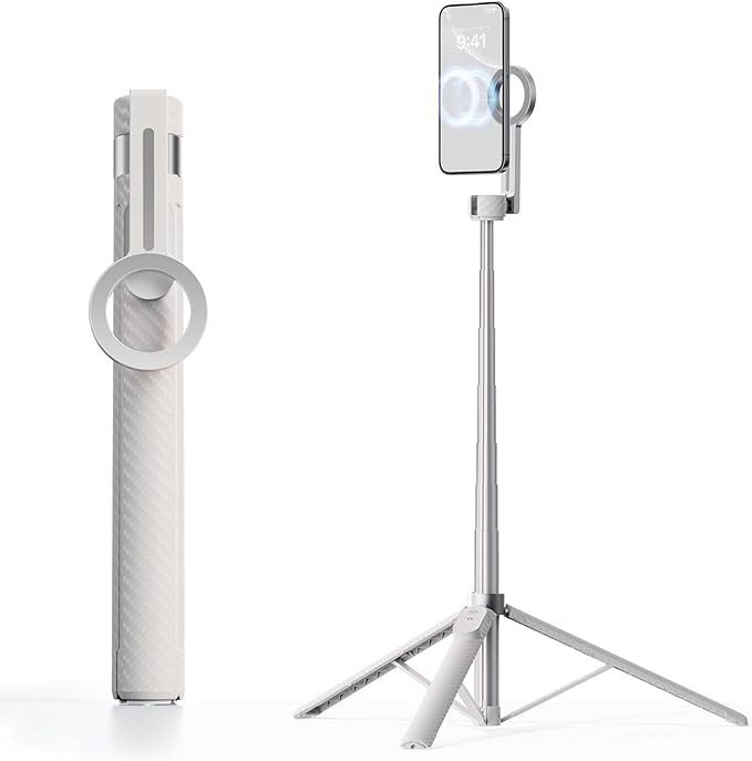 TODI 65" Magnetic Tripod for iPhone with Remote, Selfie Stick for iPhone Magsafe, Cell Phone Tripod Stand for Recording, Travel Tripod Compatible with 16/15/14/13/12 Series (White Sliver)