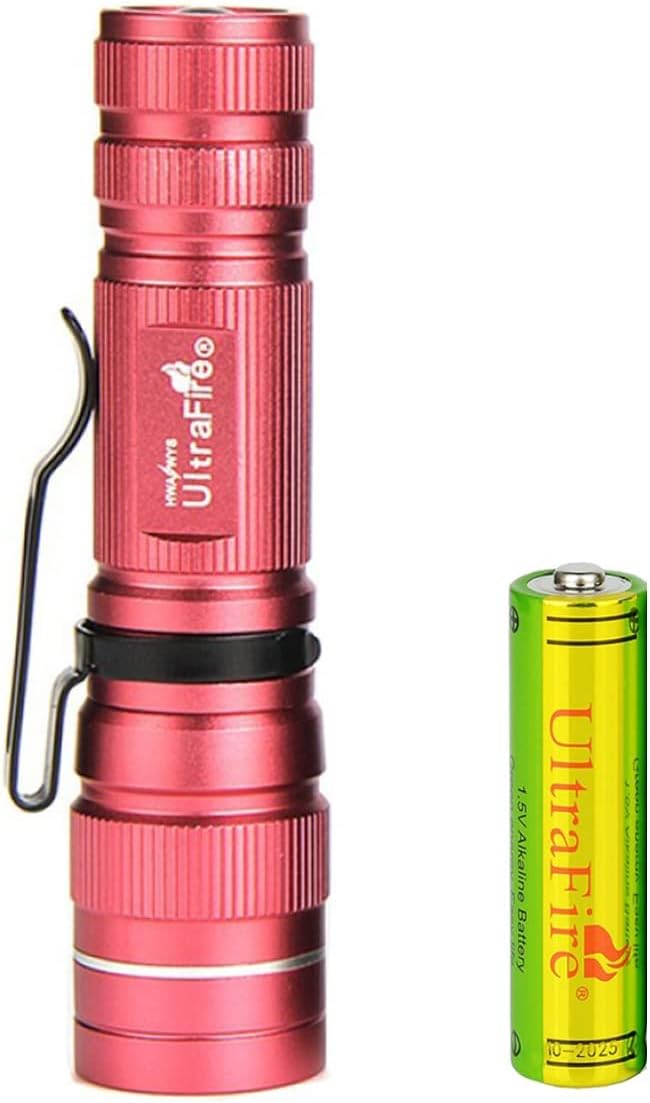 ULTRAFIRE Mini Pocket LED Flashlight with 1.5V AA Alkaline Battery, Zoomable 300 Lumen 3 Modes Bright Small EDC Flashlight Tactical Torch for Kids Children Outdoor Camping (Pink)