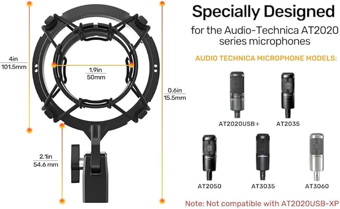 Custom AT2020 Microphone Shock Mount with Pop Filter, Anti-Vibration Suspension Shock Mount Mic Holder Clip Compatible with Audio Technica AT2020 AT2035 AT2020USB ATR2050 AT3035 AT3060 Mic