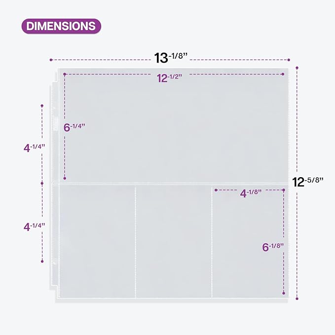 Dunwell Scrapbook Page Protectors 12x12, (25 Pack) Fits 3-Ring Scrapbook Album Binder, Combo Layout Holds 150 4x6 Vertical Photos, plus 6x12 Top Pocket, 12x12 Refill Pages Protectors, Acid-Free Poly